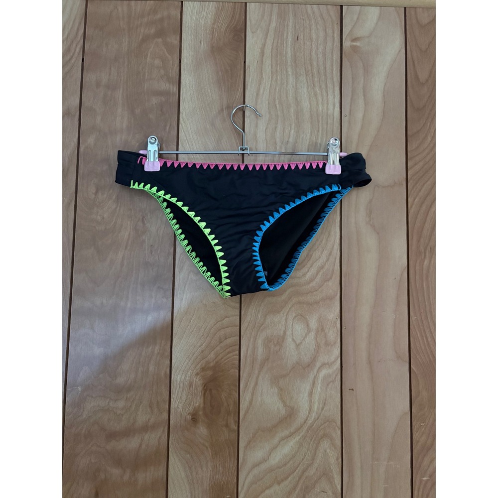 Coral of the Sea Black Neon Whipstitch Bikini‎ Bottoms Small Low Rise Swimwear